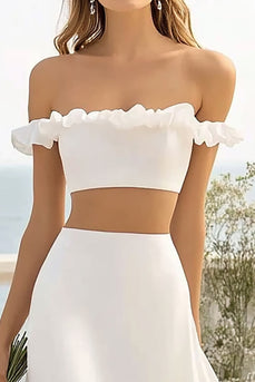 White Satin Two Pieces A Line Long Engagement Dress with Slit