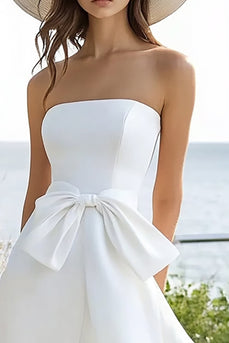 White Satin A Line High Low Graduation Dress with Bow
