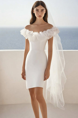 White Satin Bodycon Short Graduation Dress with Ruffles