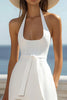 Load image into Gallery viewer, White Satin A Line Halter Midi Graduation Dress with Slit