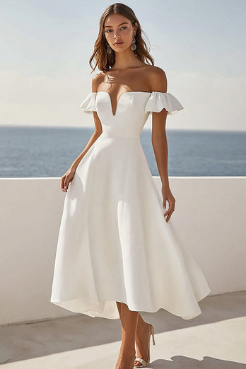 White Satin A Line Short Sleeves Long Engagement Dress