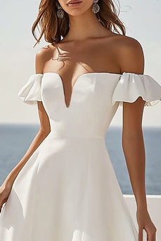 White Satin A Line Short Sleeves Long Engagement Dress