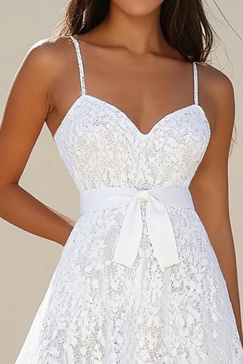 White A Line Lace Short Graduation Dress with Sash