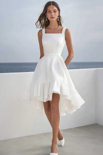 White Satin A Line Square Neck Short Graduation Dress with Ruffles
