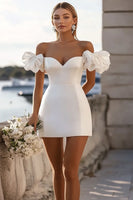 Load image into Gallery viewer, Women White Short Graduation Dress with Ruffles Satin Bodycon Off the Shoulder Little White Dress