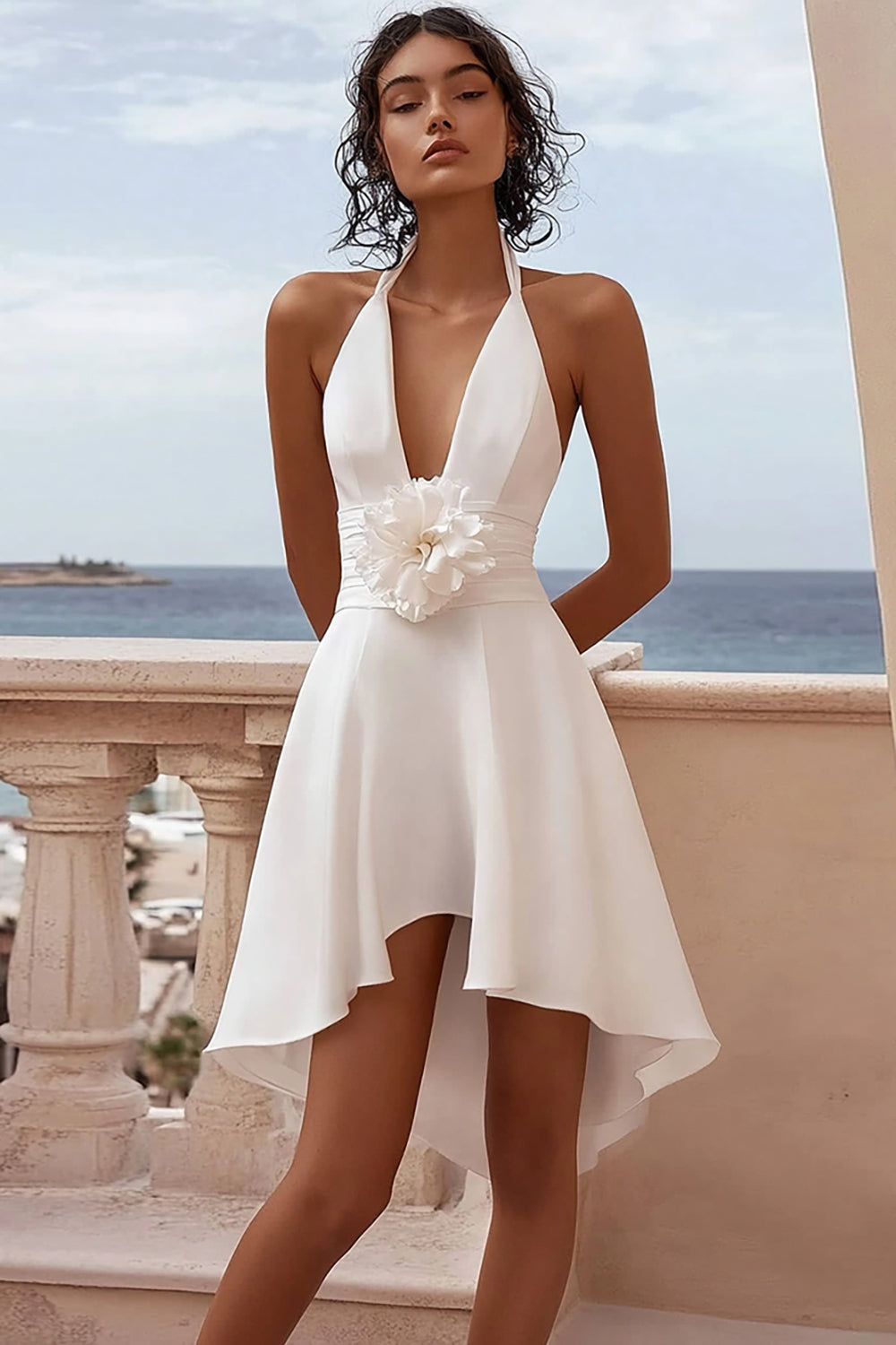 White Satin Halter A Line Short Graduation Dress with Flower