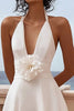 Load image into Gallery viewer, White Satin Halter A Line Short Graduation Dress with Flower
