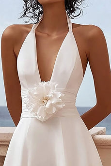 White Satin Halter A Line Short Graduation Dress with Flower