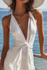 Load image into Gallery viewer, White Satin V Neck Bodycon Short Graduation Dress with Sash