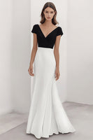 Load image into Gallery viewer, Black White Sheath V-Neck Satin Maxi Formal Dress with Sleeves