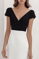 Load image into Gallery viewer, Black White Sheath V-Neck Satin Maxi Formal Dress with Sleeves