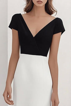 Black White Sheath V-Neck Satin Maxi Formal Dress with Sleeves
