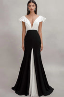 Load image into Gallery viewer, Black White Sheath V-Neck Ruffled Maxi Formal Dress