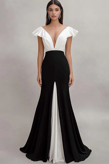 Black White Sheath V-Neck Ruffled Maxi Formal Dress