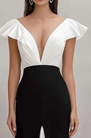 Load image into Gallery viewer, Black White Sheath V-Neck Ruffled Maxi Formal Dress