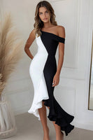 Load image into Gallery viewer, Queendancer Women Black White Mermaid Ruffled Maxi Cocktail Dress Asymmetrical Sleeveless Off the Shoulder Party Dress