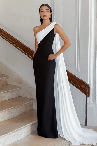 Black White Sheath One Shoulder Satin Maxi Formal Dress with Side Cape