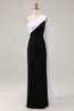 Load image into Gallery viewer, Black White One Shoulder Sheath Satin Maxi Formal Dress with Side Cape