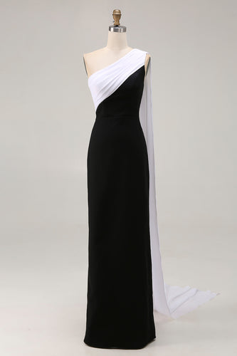 Black White One Shoulder Sheath Satin Maxi Formal Dress with Side Cape