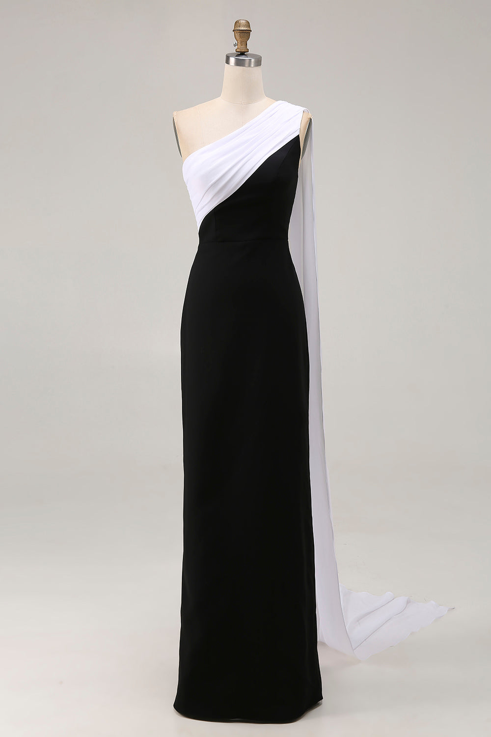 Black White One Shoulder Sheath Satin Maxi Formal Dress with Side Cape