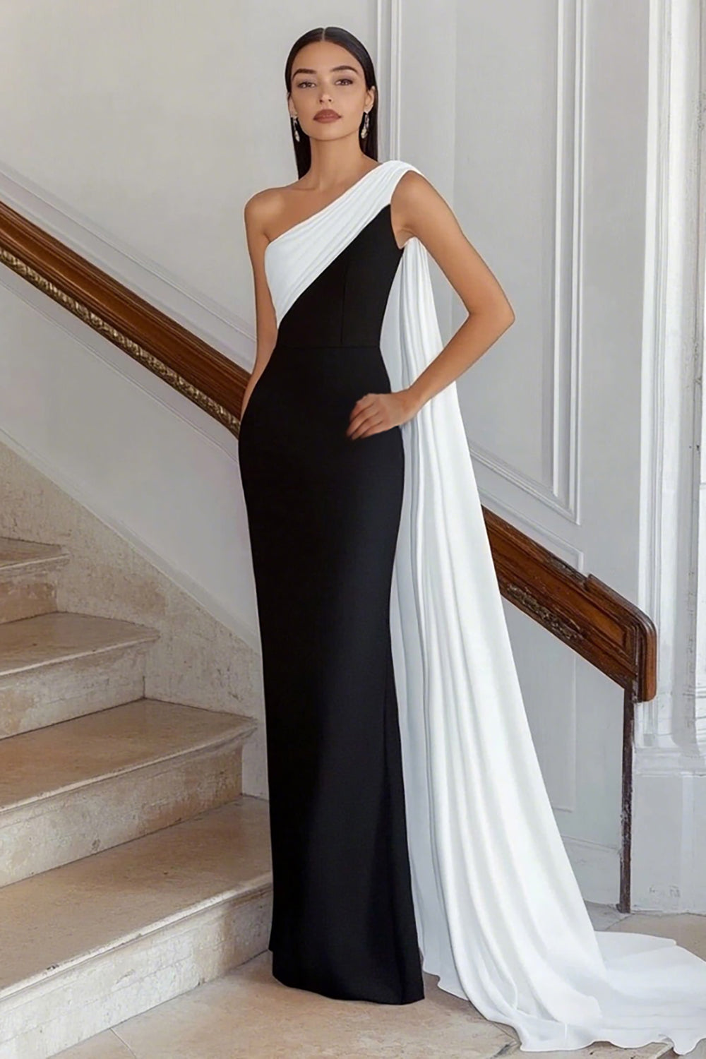 Black White Sheath One Shoulder Satin Maxi Formal Dress with Side Cape