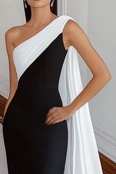 Black White Sheath One Shoulder Satin Maxi Formal Dress with Side Cape