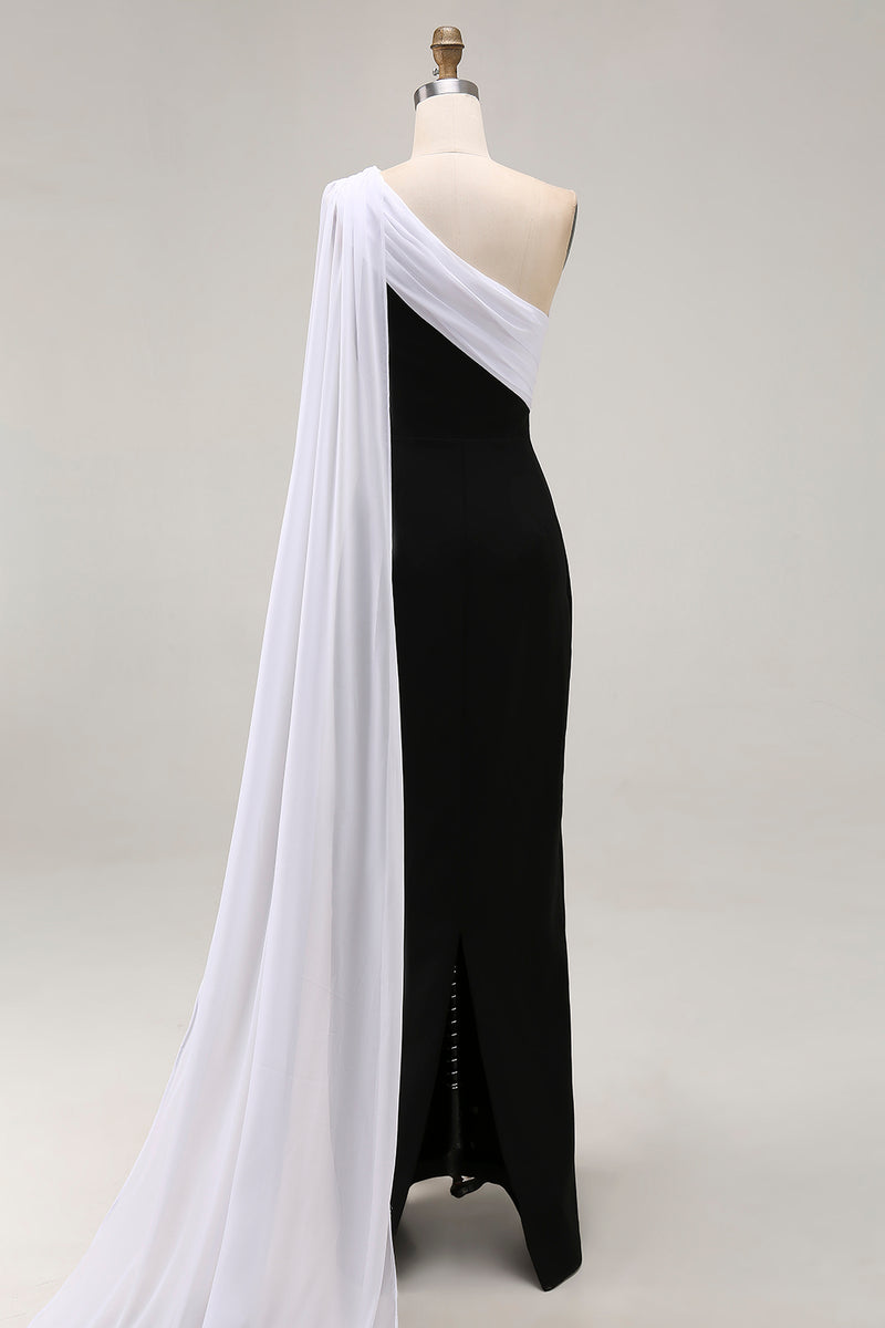 Load image into Gallery viewer, Black White One Shoulder Sheath Satin Maxi Formal Dress with Side Cape