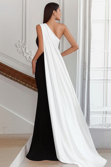 Black White Sheath One Shoulder Satin Maxi Formal Dress with Side Cape