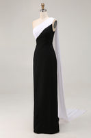 Load image into Gallery viewer, Black White One Shoulder Sheath Satin Maxi Formal Dress with Side Cape