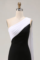 Load image into Gallery viewer, Black White One Shoulder Sheath Satin Maxi Formal Dress with Side Cape