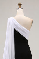 Load image into Gallery viewer, Black White One Shoulder Sheath Satin Maxi Formal Dress with Side Cape