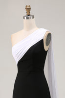 Load image into Gallery viewer, Black White One Shoulder Sheath Satin Maxi Formal Dress with Side Cape