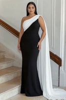 Load image into Gallery viewer, Plus Size Black White Sheath One Shoulder Satin Maxi Formal Dress with Side Cape