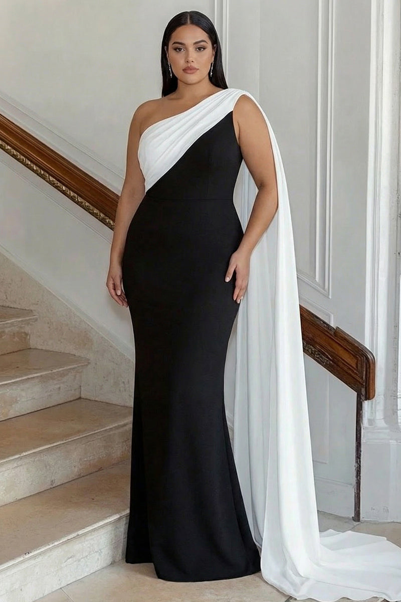 Load image into Gallery viewer, Plus Size Black White Sheath One Shoulder Satin Maxi Formal Dress with Side Cape