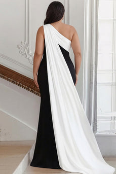 Plus Size Black White Sheath One Shoulder Satin Maxi Formal Dress with Side Cape