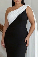 Load image into Gallery viewer, Plus Size Black White Sheath One Shoulder Satin Maxi Formal Dress with Side Cape