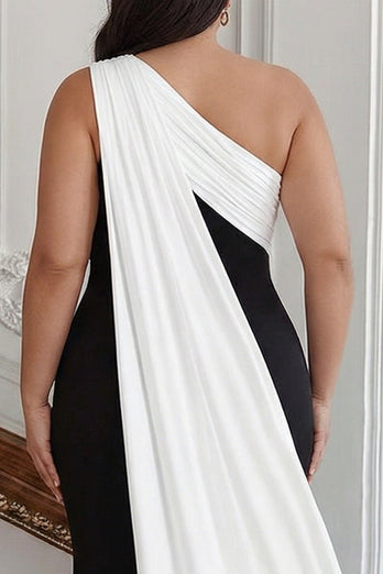 Queendancer Women Plus Size Black White Sheath Satin Maxi Fomal Dress with  Side Cape One Shoulder Sleeveless Evening Dress  queendanceruk