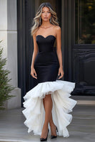 Load image into Gallery viewer, Black White Mermaid Sweetheart Satin High-Low Cocktail Dress with Ruffles