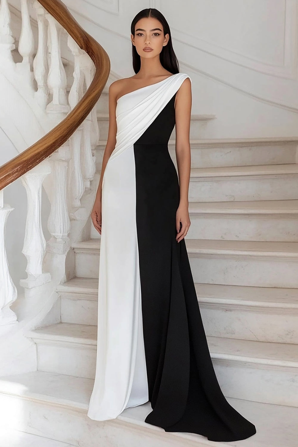 Black White Sheath Ruched One Shoulder Maxi Formal Dress