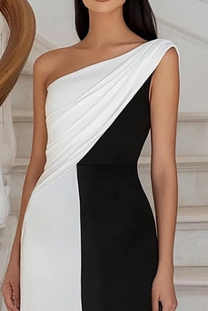 Black White Sheath Ruched One Shoulder Maxi Formal Dress