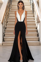 Load image into Gallery viewer, Black White Sheath V-Neck Satin Maxi Formal Dress with Slit