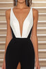 Load image into Gallery viewer, Black White Sheath V-Neck Satin Maxi Formal Dress with Slit