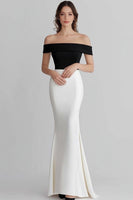 Load image into Gallery viewer, Black White Off the Shoulder Mermaid Satin Maxi Formal Dress