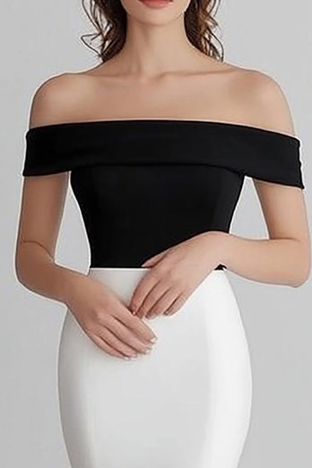 Black White Off the Shoulder Mermaid Satin Maxi Formal Dress