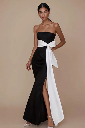 Black White Sheath Strapless Satin Maxi Formal Dress with Sash