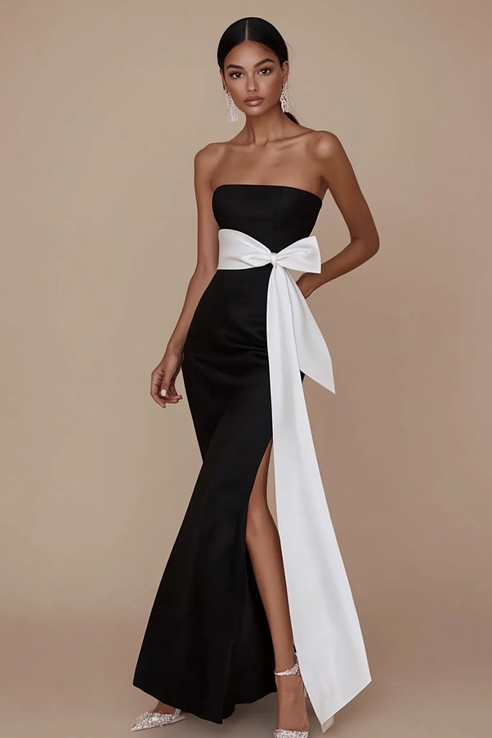 Black White Sheath Strapless Satin Maxi Formal Dress with Sash