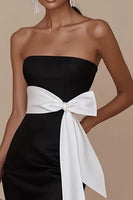 Load image into Gallery viewer, Black White Sheath Strapless Satin Maxi Formal Dress with Sash