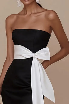 Black White Sheath Strapless Satin Maxi Formal Dress with Sash