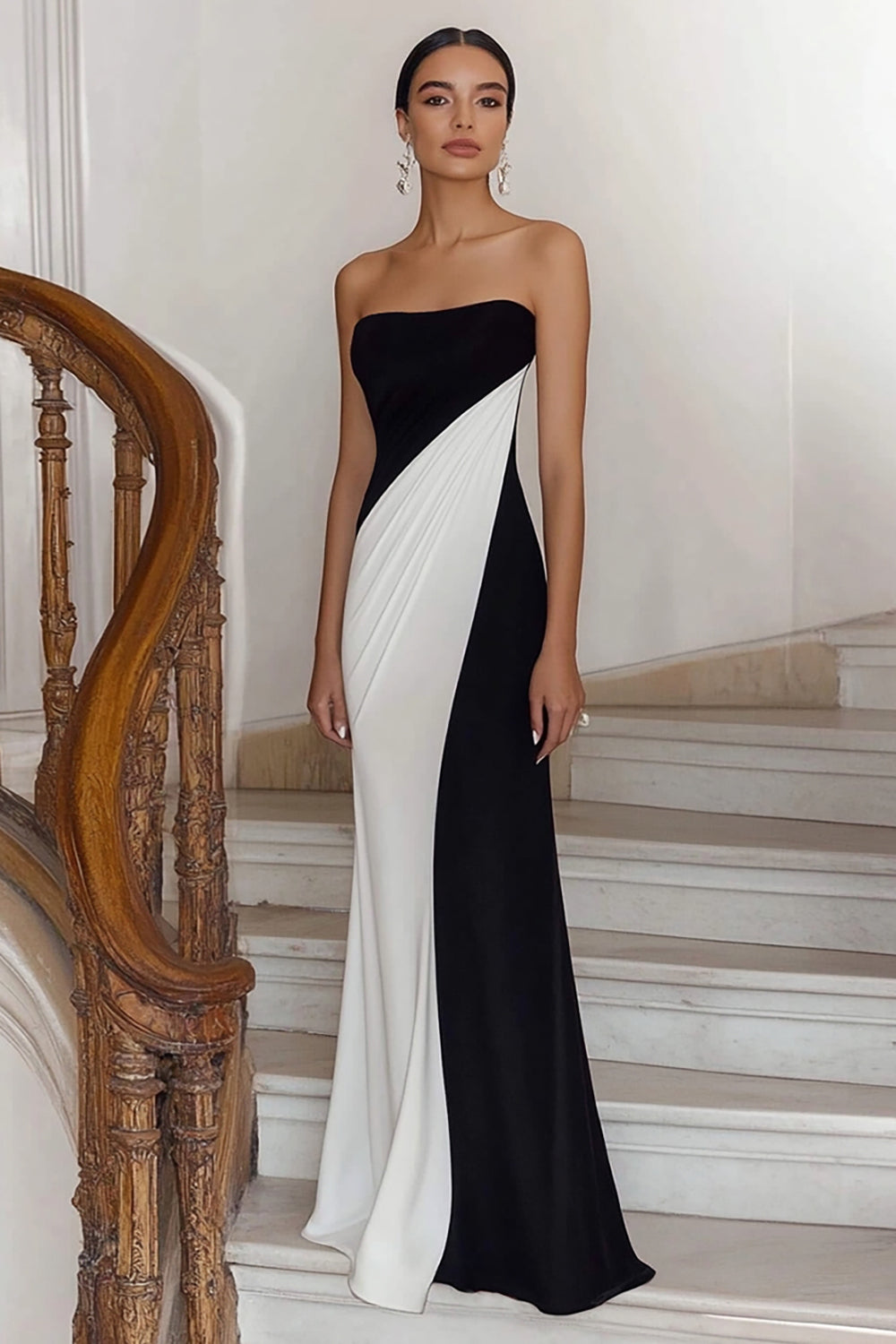 Black White Sheath Strapless Ruched Maxi Formal Dress