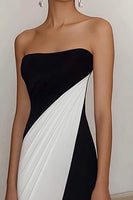 Load image into Gallery viewer, Black and White Sheath Strapless Ruched Maxi Formal Dress